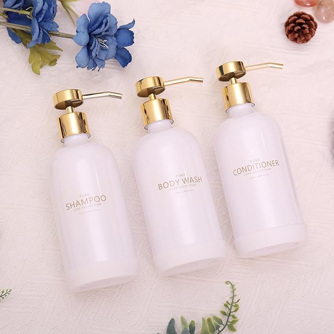 Janxin Shampoo and Conditioner Dispenser Set of 3,Refillable 20.5OZ Shampoo Bottles with Non-Slip Protective Silicone Pad,Shower Soap Dispenser with Waterproof Labels for Bathroom (White)