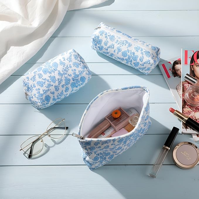 Huhumy 3 Pcs Makeup Bag Set for Women Corduroy Cosmetic Pouch Aesthetic Smile Travel Toiletry Bag Cute Purse Pouch Pencil Case Makeup Brushes Storage Organizer with Zipper (Blue,Floral)