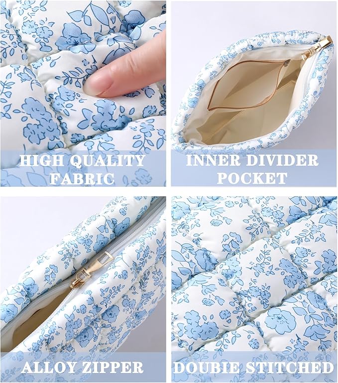 HFLZBRO Puffy Quilted Makeup Bag, Cosmetic Bag, Travel Toiletry Organizer Pouch, Clutch for Women (Blue Floral)