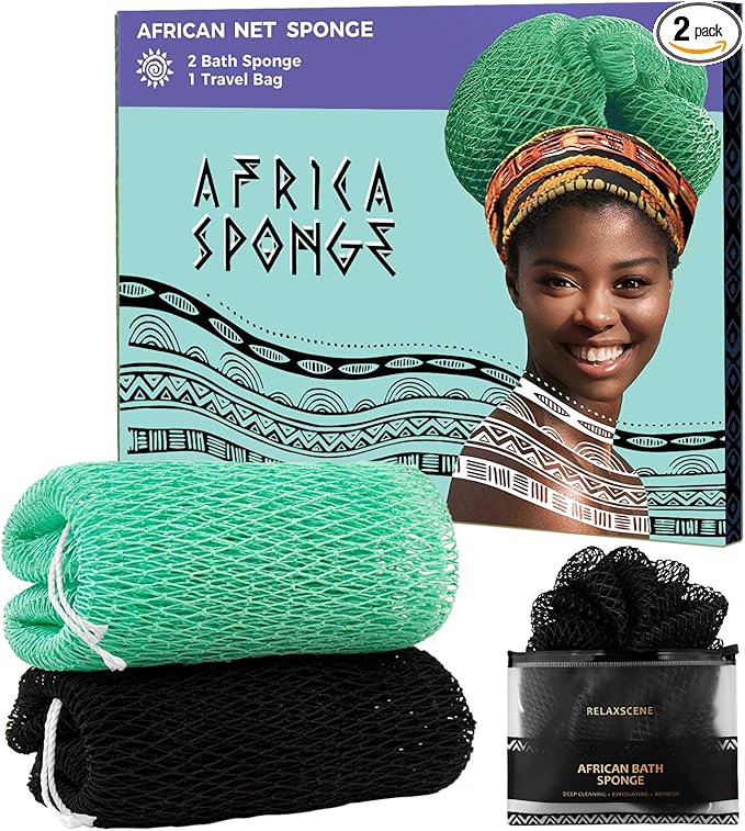 African Net Sponge Authentic - 2 Pieces 52IN Stretched Length Exfoliating Body Scrubber Bath Sponge - Loofah Washcloth Back Scrub for Shower Body Exfoliator