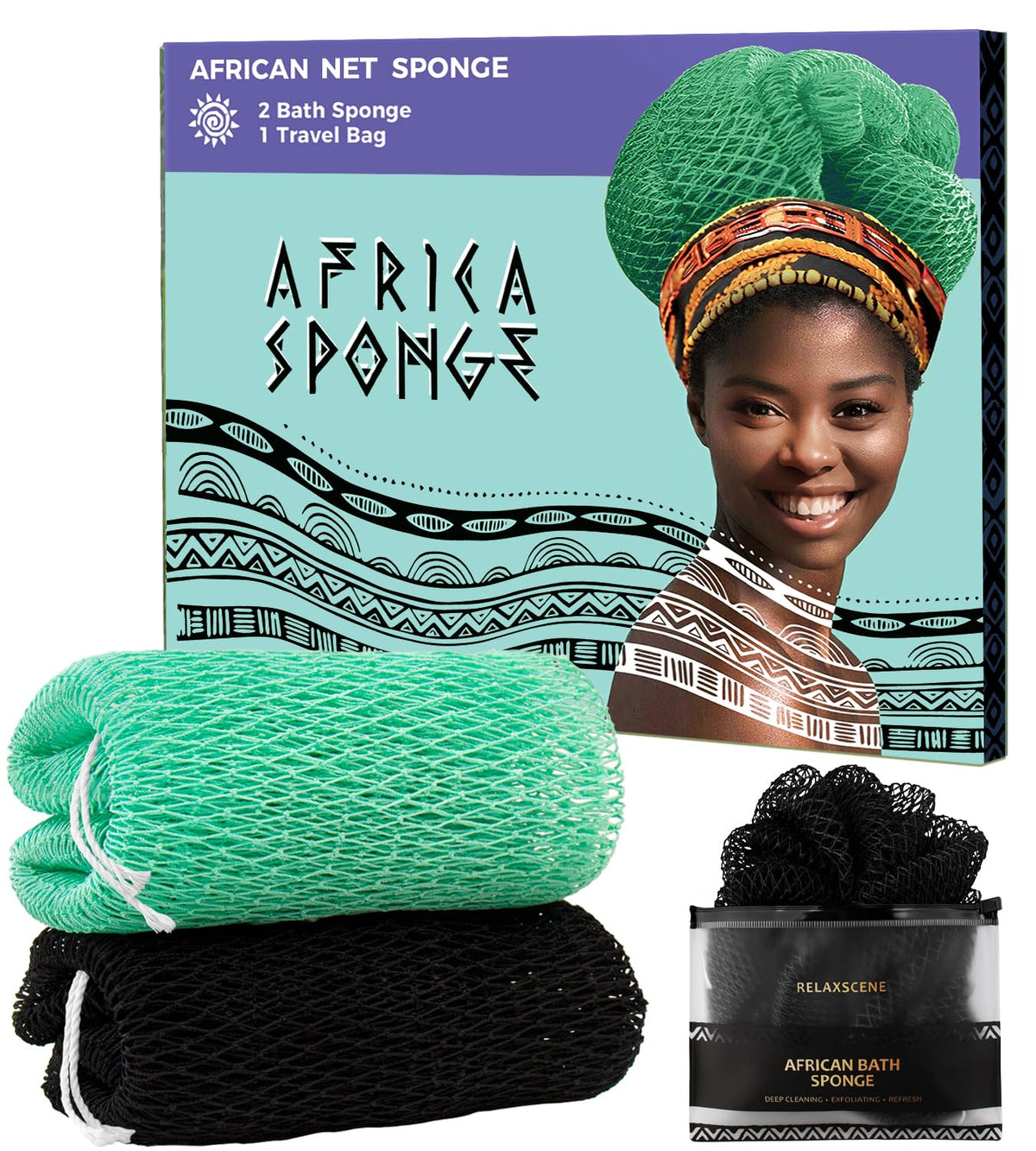 African Net Sponge Authentic - 2 Pieces Exfoliating Body Scrubber Bath Sponge - Back Scrubber Washcloth for Shower - Real African Scrub Exfoliator Body Care Bathing Accessories for Women