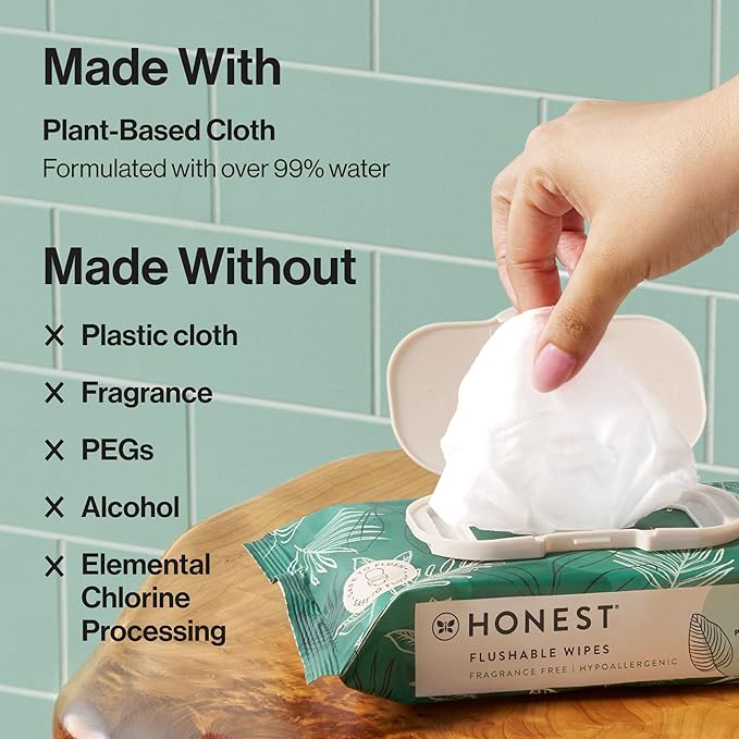 The Honest Company Hypoallergenic Flushable Wipes for Sensitive Skin, Tropical Leaves,42 Count (Pack of 16)