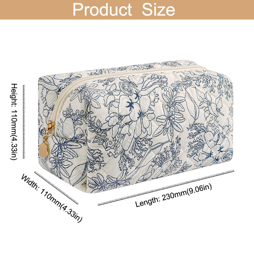 HHQQWZ Makeup Bag Travel Cosmetic Bag for Women Girls, Zipper Make Up Pouch, Floral Flowers Toiletry Organizer Makeup, Portable Storage Bag, Cosmetic Travel Cloth Bag (Blue Floral+Navy Blue Flower)