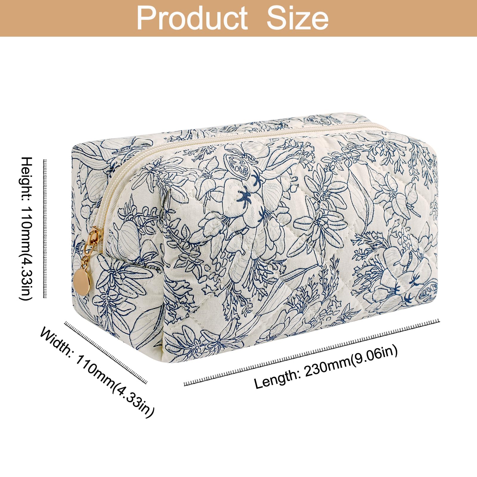 HHQQWZ Makeup Bag Travel Cosmetic Bag for Women Girls, Zipper Make Up Pouch, Floral Flowers Toiletry Organizer Makeup, Portable Storage Bag, Cosmetic Travel Cloth Bag (Blue Floral+Navy Blue Flower)