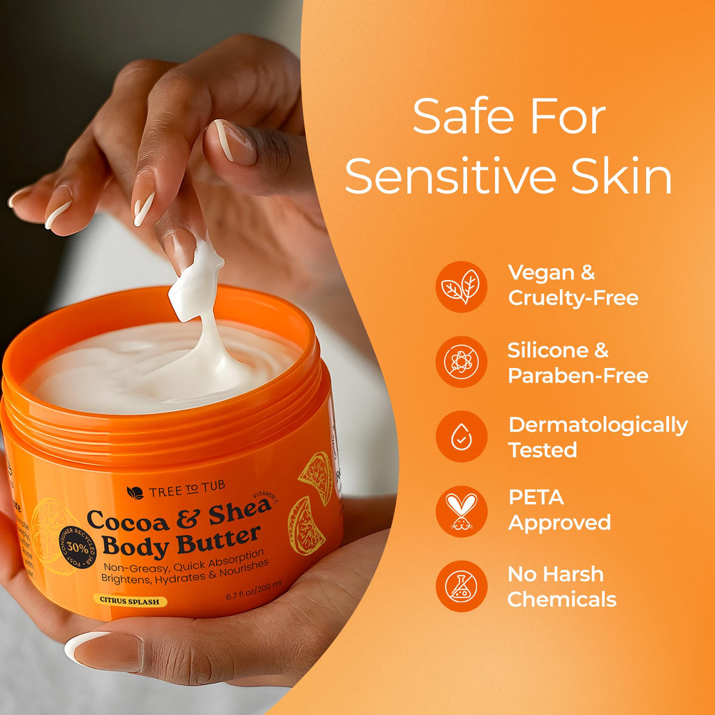 Tree To Tub Citrus Cocoa Shea Body Butter, Hydrating, Dry Skin, 6.7 Fl Oz