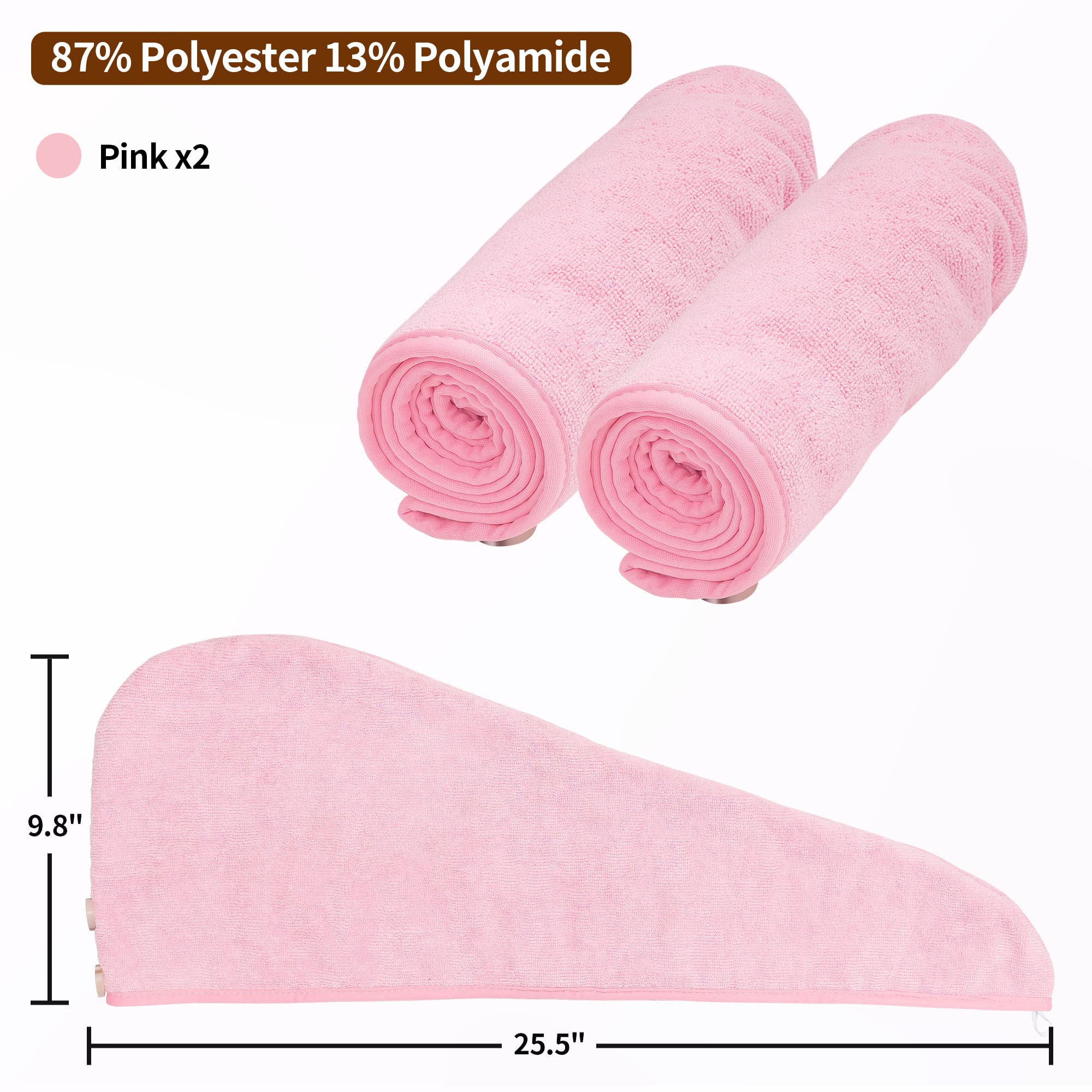 NEXCOVER Hair Towel Microfiber, 2 Pack Pink 9.8 inch X 25.5 inch Hair Wrap,Ultra Absorbent Hair Turbans,Fast Drying Head Towels for Women Wet Hair,Long,Curly,Thick,Frizzy Hair