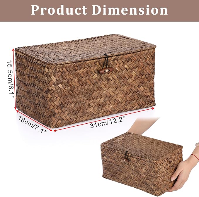 Sumnacon Wicker Basket with Lid Rectangle Woven Baskets for Toiletries Tampon Storage,Wicker Storage Basket with Lid,Decorative Seagrass Storage Baskets for Shelf Bathroom Toilet Table, Coffee