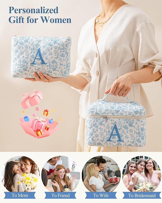 HBselect 2Pcs Initial Makeup Bag, Quilted Makeup Bag, Cotton Large Travel Makeup Bag, Cute Floral Coquette Make up Bag Cosmetic Bag Toiletry Bag for Women Girls S