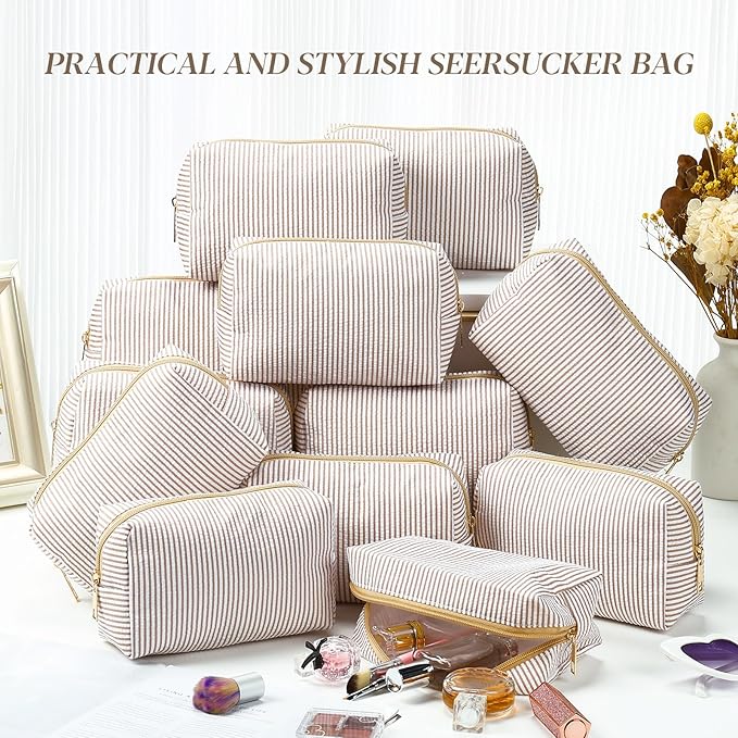 Sanwuta 12 Pcs Seersucker Cosmetic Bags Bulk Seersucker Makeup Bags Stripe Women Pouch Large Preppy Storage Pouch Toiletry Travel for Wedding Bridesmaid Bride Favor Back to Teacher Gift (Khaki)