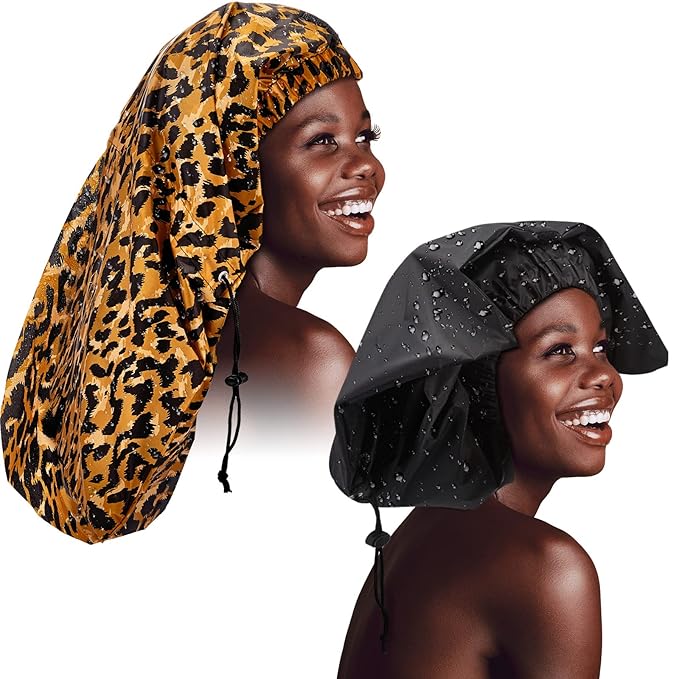 SATINIOR 2 Pcs Braid Shower Cap Jumbo Waterproof Shower Caps for Long Hair, Extra Large Adjustable Foldable Bath Caps with Drying Loop, Plastic Hair Bonnets for Women Men Dreadlocks(Leopard)