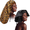 SATINIOR 2 Pcs Braid Shower Cap Jumbo Waterproof Shower Caps for Long Hair, Extra Large Adjustable Foldable Bath Caps with Drying Loop, Plastic Hair Bonnets for Women Men Dreadlocks(Leopard)