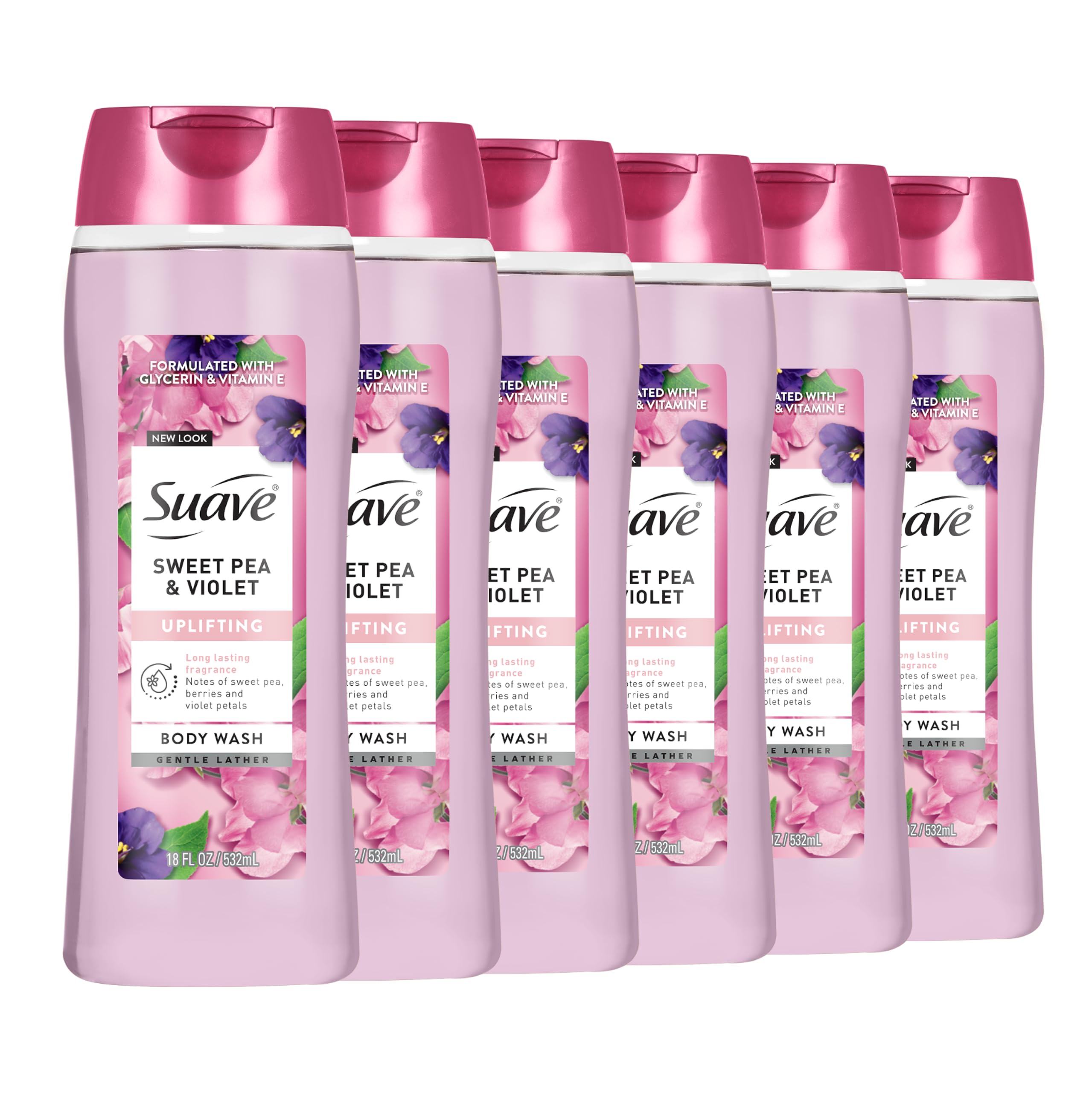 Suave Moisturizing Body Wash, with Sweet Pea Violet and Vitamin E Extract, No Parabens, No Phtahaltes, 18 Fl Oz (Pack of 6)