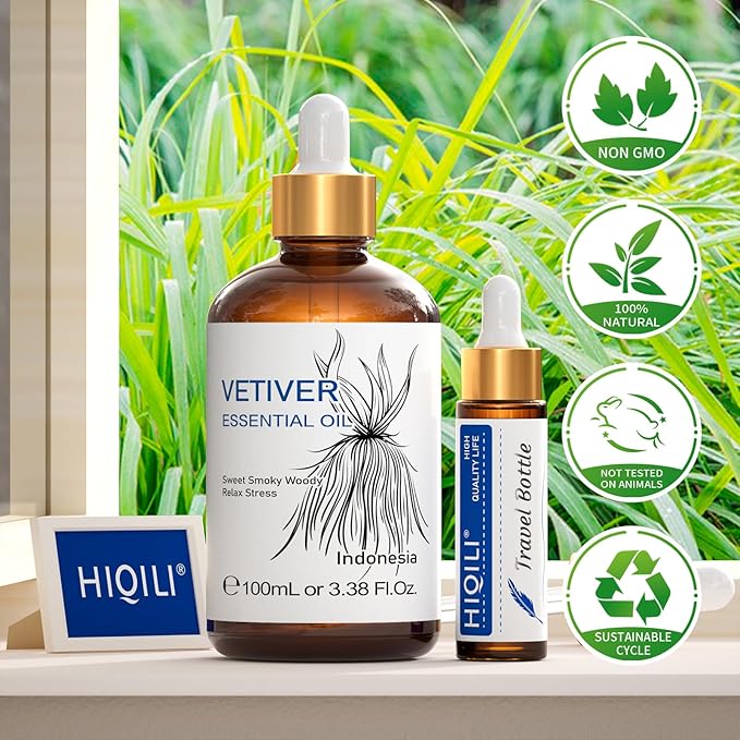 HIQILI Vetiver Essential Oil for Skin, Perfume, Aromatherapy