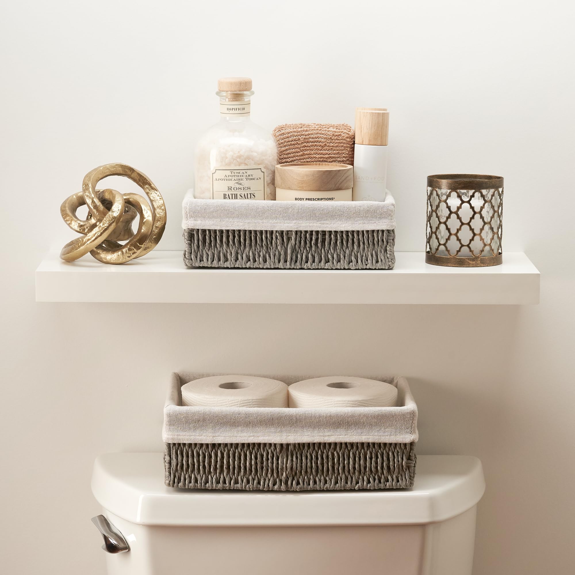 Beautiful Toilet Paper Storage Basket Set of 2 – Decorative Wicker Bathroom Organizer for Toilet Tank Trays - Quality Holder Bin for Shelves Fits Perfectly with Any Bathroom Decor