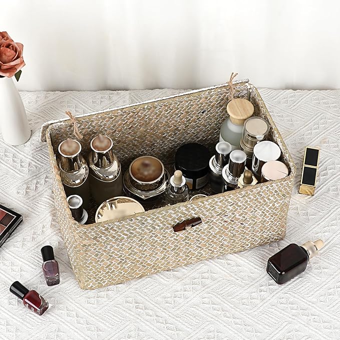Sumnacon Wicker Basket with Lid Rectangle Woven Baskets for Toiletries Tampon Storage,Wicker Storage Basket with Lid,Decorative Seagrass Storage Baskets for Shelf Bathroom Toilet Table,Whitewash
