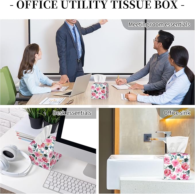 Pink Flowers and Green Leaves Tissue Box Cover Square,Abstract Watercolor Floral Tissue Box Holder Waterproof Leather Facial Paper Organizer Dispenser for Bathroom Home Car Nightstand Vanity Desk