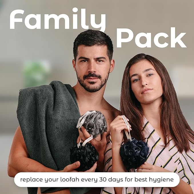 MainBasics Shower Loofah Sponge Pouf, Set of 3, Black Ice