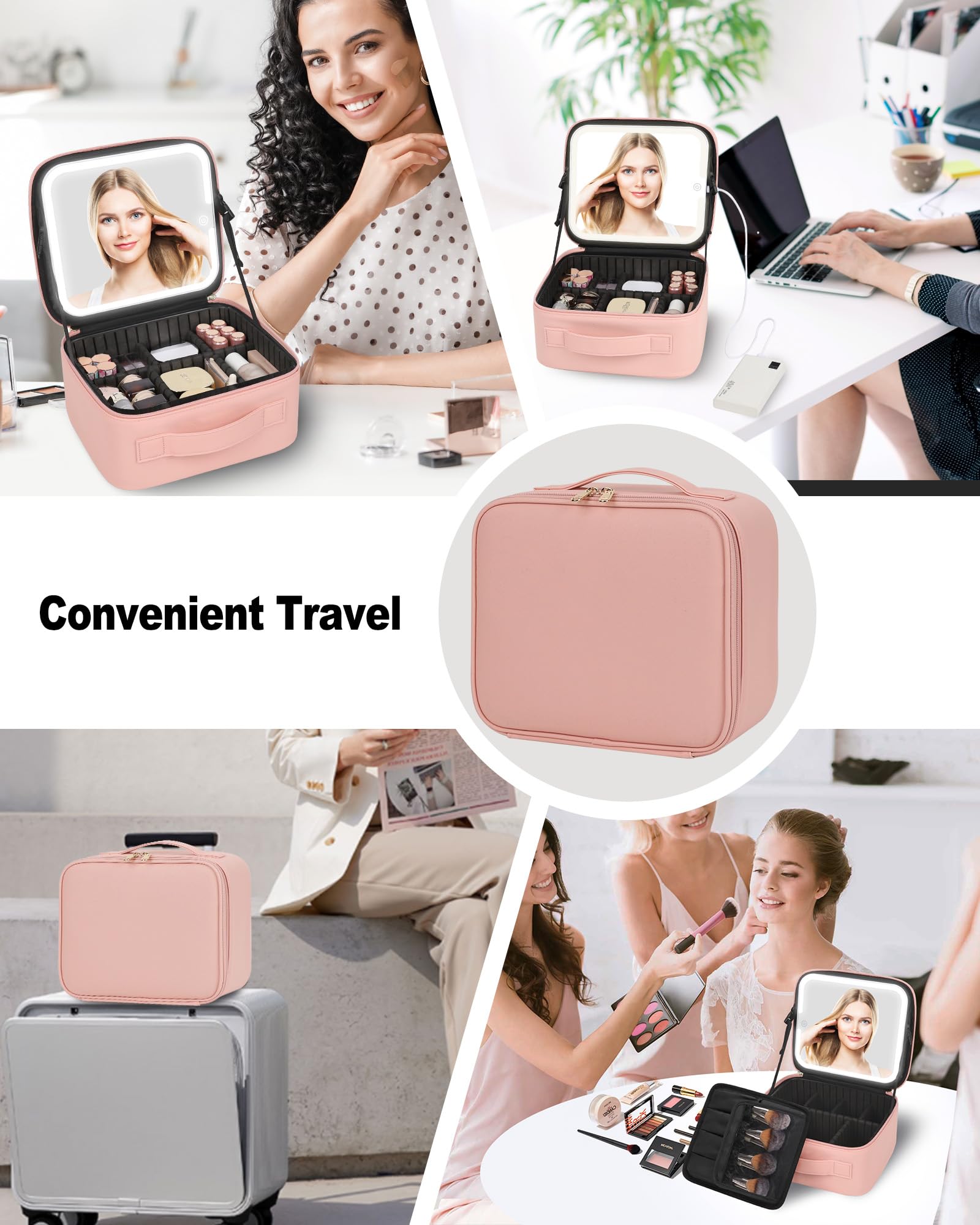 TANTO Makeup Bag With LED Mirror, Travel Makeup Case with Light up Mirror Large Cosmetic Case with 3 Color Lighted Portable Professional Organizer Bag with Adjustable Dividers（Pink）