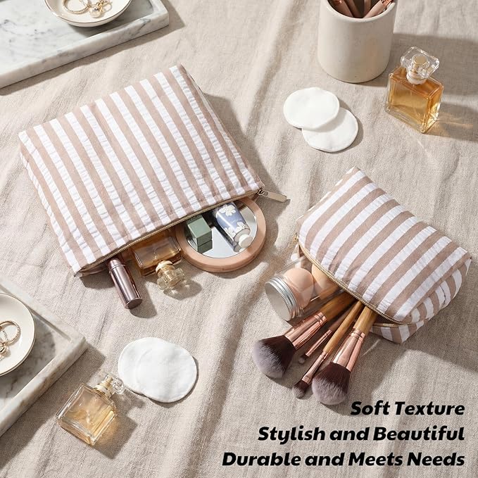 2 Pcs Makeup Bag Set Cute Cosmetic Pouch for Women Seersucker Travel Toiletry Bag Preppy Small Makeup Purse Pouch Aesthetic Skincare Brushes Storage Organizer for Valentine Women(Khaki Wide)