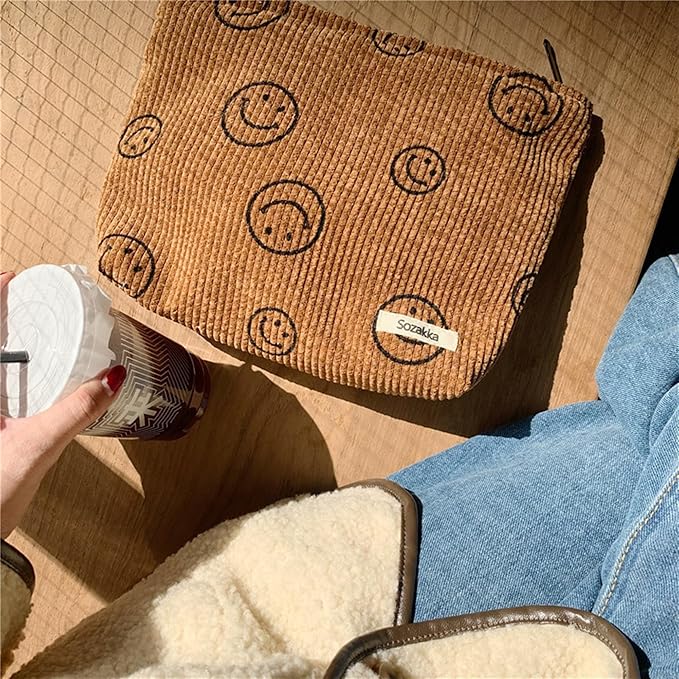 Gardsell Cosmetic Bags for Women - Corduroy Cosmetic Bag Aesthetic Women Handbags Purses Smile Dots Makeup Organizer Storage Makeup Bag Girls Case Bags (A-Brown)