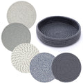Coga Trivets for Hot Dishes, 5 Pack 7 Inch Cotton Hot Pads for Kitchen with Storage Basket, Round Pot Holders for Kitchen, Heat Resistant Mats for Countertop, Pots and Pans, Farmhouse Decor, Mix Grey