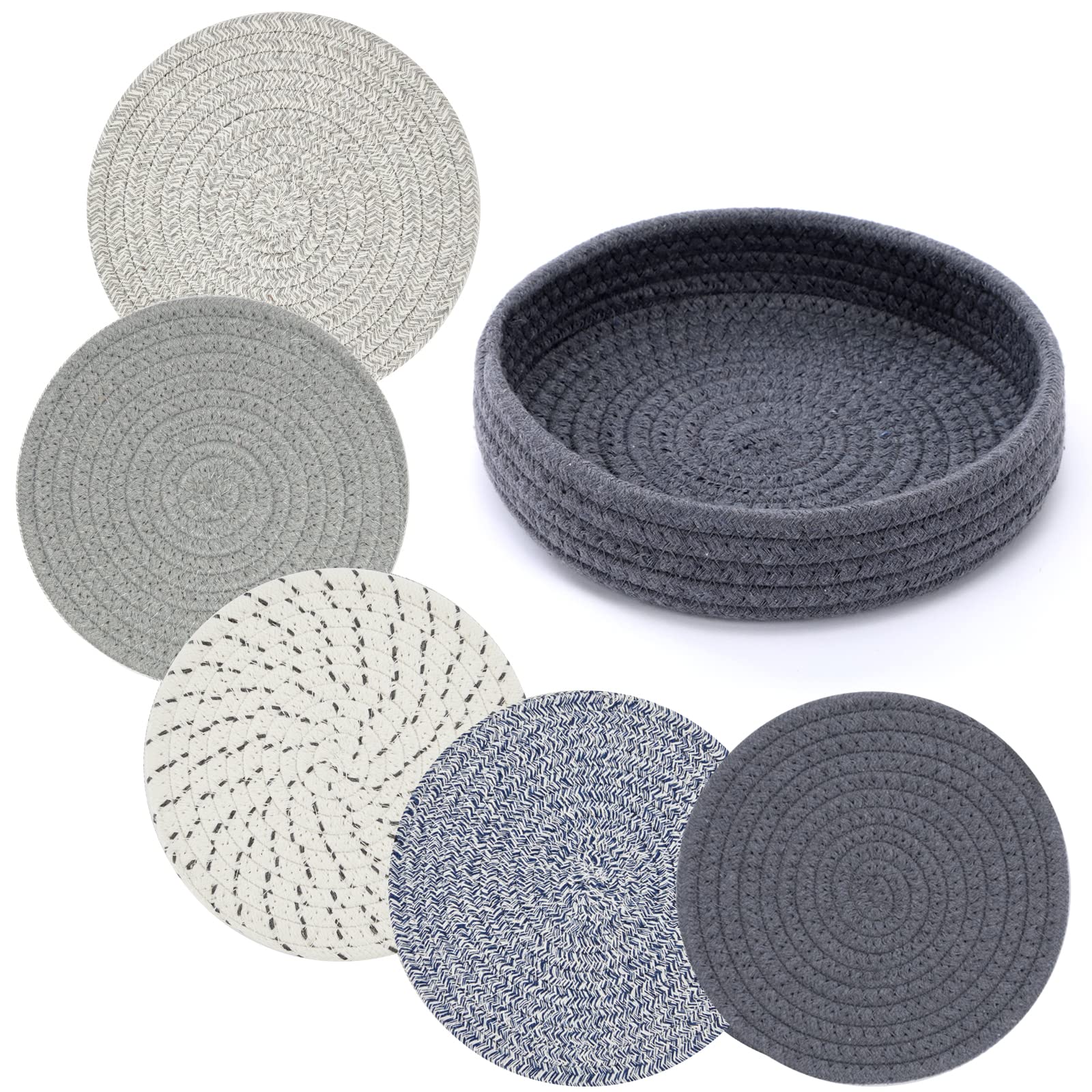 Coga Trivets for Hot Dishes, 5 Pack 7 Inch Cotton Hot Pads for Kitchen with Storage Basket, Round Pot Holders for Kitchen, Heat Resistant Mats for Countertop, Pots and Pans, Farmhouse Decor, Mix Grey