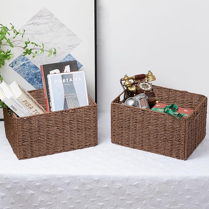 Vagusicc Wicker Storage Basket, Set of 2 Hand-Woven Paper Rope Wicker Basket, Small Storage Baskets for Organizing Toilet Paper Basket, Foldable Large Cube Storage Organizer Bins for Shelves (Brown)