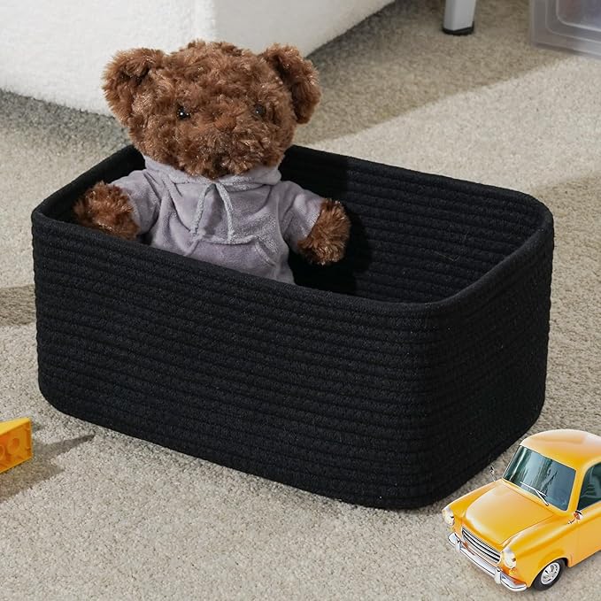 3-Pack Small Storage Baskets for Organizing | Woven Shelf Toy Basket | Rope Baskets for Gifts Empty | Closet Organizer Bins with Handles | Cube Decorative Box | 11.8×7.8×5.1” | Mixed Black