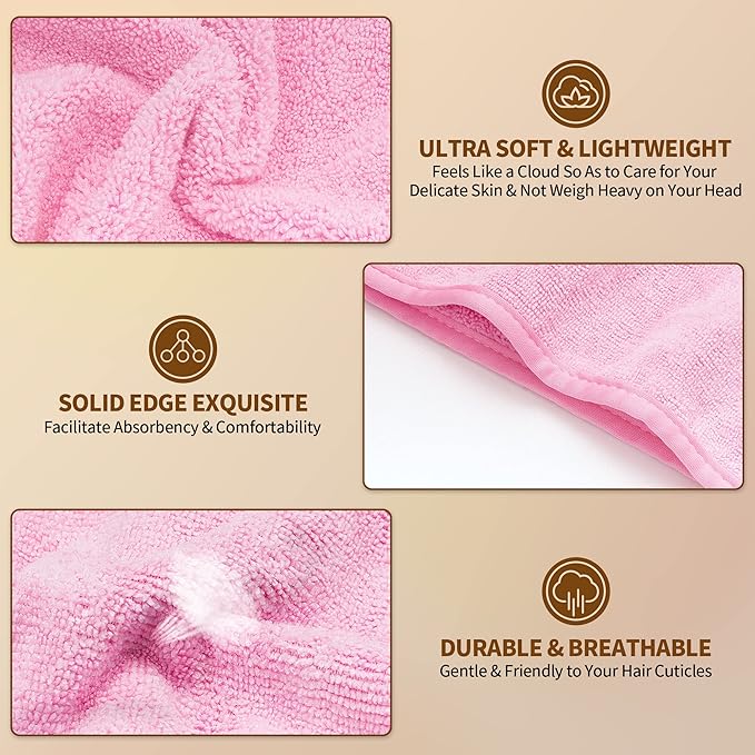 NEXCOVER Hair Towel Microfiber, 2 Pack Pink 9.8 inch X 25.5 inch Hair Wrap,Ultra Absorbent Hair Turbans,Fast Drying Head Towels for Women Wet Hair,Long,Curly,Thick,Frizzy Hair