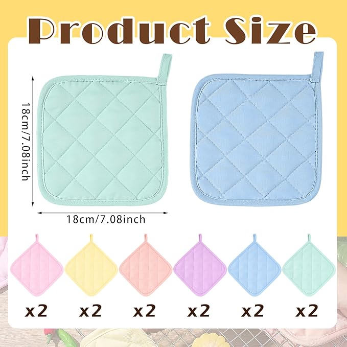 Bokon 12 Pcs Pot Holders for Kitchen, Pastel Potholders Sets, Heat Resistant Cotton Hot Pad Oven Mitts Trivet with Hanging Loops for Baking Cooking