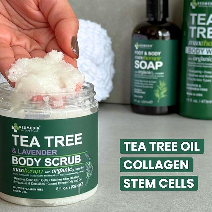 KESMEDIK Tea Tree Oil Foot & Body Scrub with Himalayan Salt & Shea Butter, Exfoliating Scrub for Feet & Skin, Helps Control Odor, Removes Dead Skin & Smooths Rough Heels and Calluses
