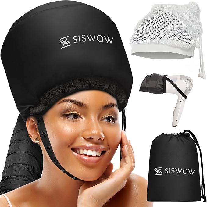 SISWOW 2-in-1 Curl Plopping Cap & Hooded Bonnet Hair Dryer Attachment, Define Curls & Reduce Frizz While You Dry, Hands-Free Diffuser Set for Wavy & Curly Hair, Net Plopping Cap + Headband + Bag