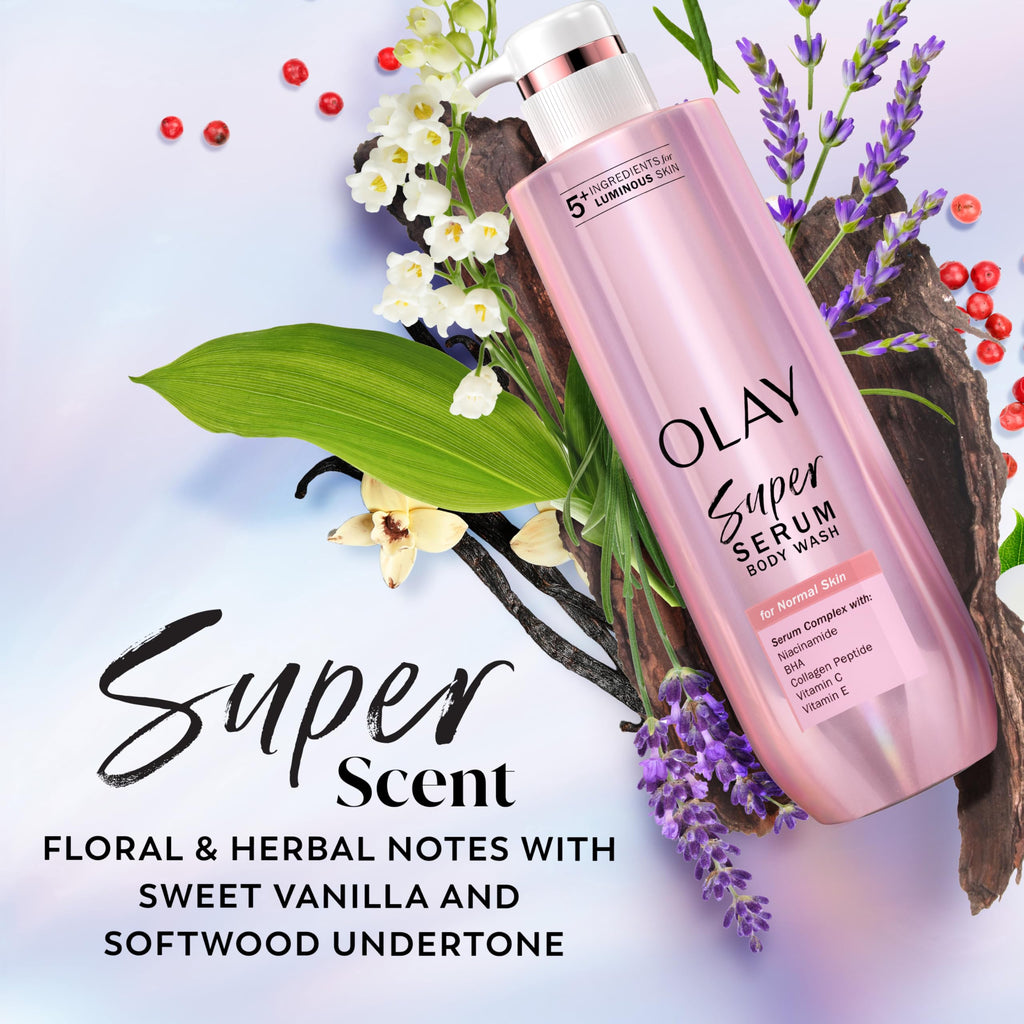 Olay Super Serum Body Wash for Normal Skin, 24hr Long Lasting Hydration, 5+ Ingredient Serum Complex for Bright Even Firm Luminous Skin, 18.5 fl oz
