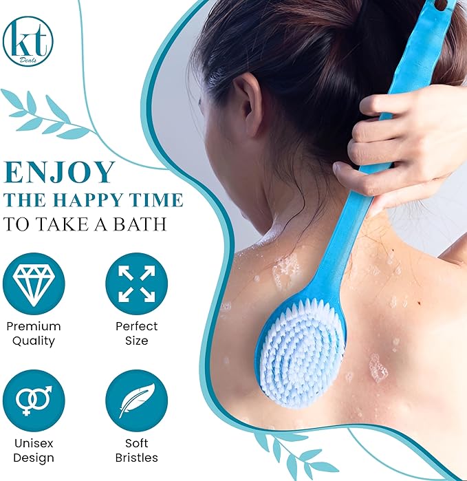 2 Pack Bath Body Brush Long Handle Back Shower Brush Exfoliating Back, Body, and Feet Scrubber Soft Nylon Bristles (Blue & Green)
