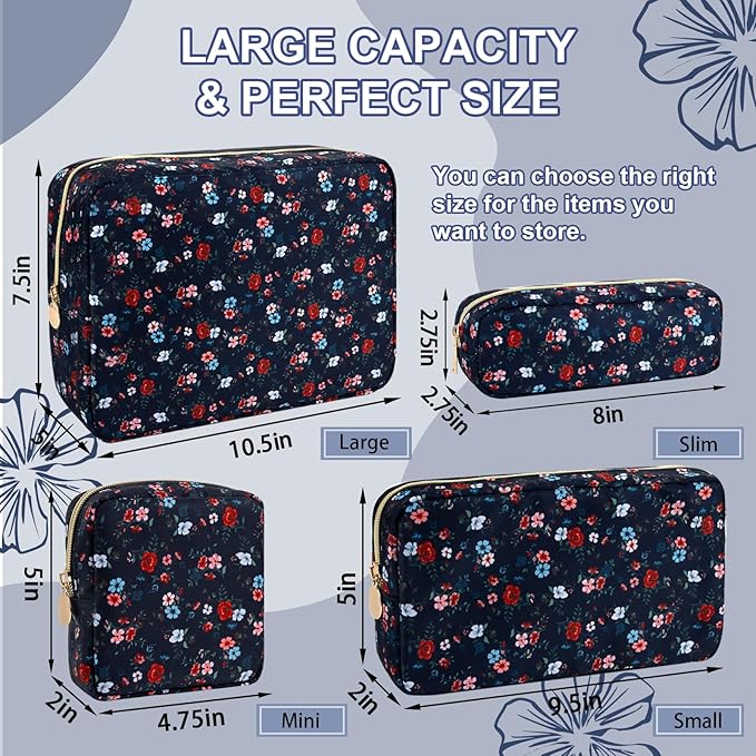 Waterproof Mini Floral Makeup Bag Pouch for Purse,Nylon Flower Cosmetic Travel Bag Small Preppy Toiletry Organizers Bag for Women Girl,Cute Zipper Pouch Coin Purse for Work(Mini Black-Flowers)