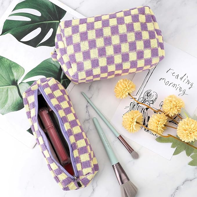 Gocvo 3 Pcs Makeup Bag Checkered Cosmetic Bag Large Capacity Traveling Toiletry Pounch Organizer Cute Makeup Brushes Aesthetic Accessories Storage Bag for Girls Women (Purple-White)