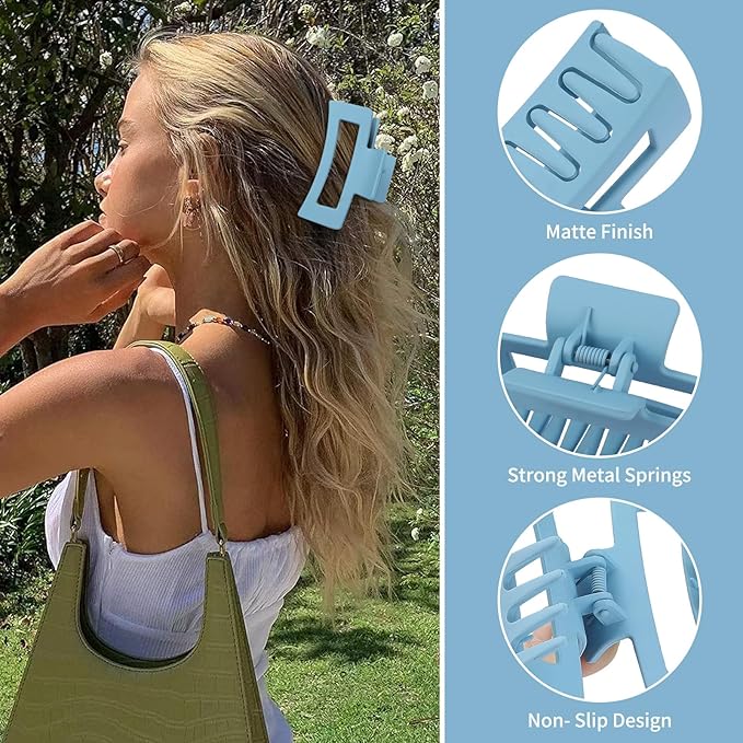 Sisiaipu 3.5 Inch Medium Hair Claw Clips 6 Pack Hair Clips for Women Square Rectangle Claw for Hair Banana Jaw Clips Hair Accessories for Girls (Blue)