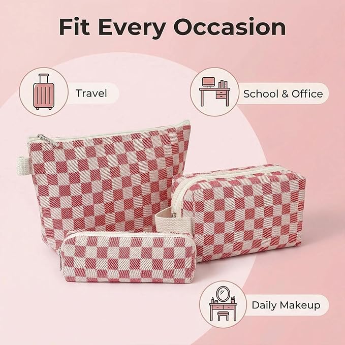 Beayuva 3 Pcs Canvas Makeup Bag Set Checkered Cosmetic Pouch for Women Travel Toiletry Bag Cute Makeup Organizer Purse Pouch Preppy Pencil Case with Zipper (Checkered Red)