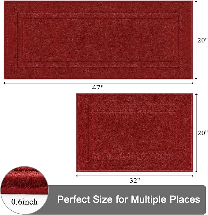 SHACOS Red Bathroom Rugs Sets 2 Piece 32x20 + 47x20 inch, Microfiber Non Slip Bath Mats for Bathroom Floor, Soft Fluffy Absorbent Bath Rugs Set of 2