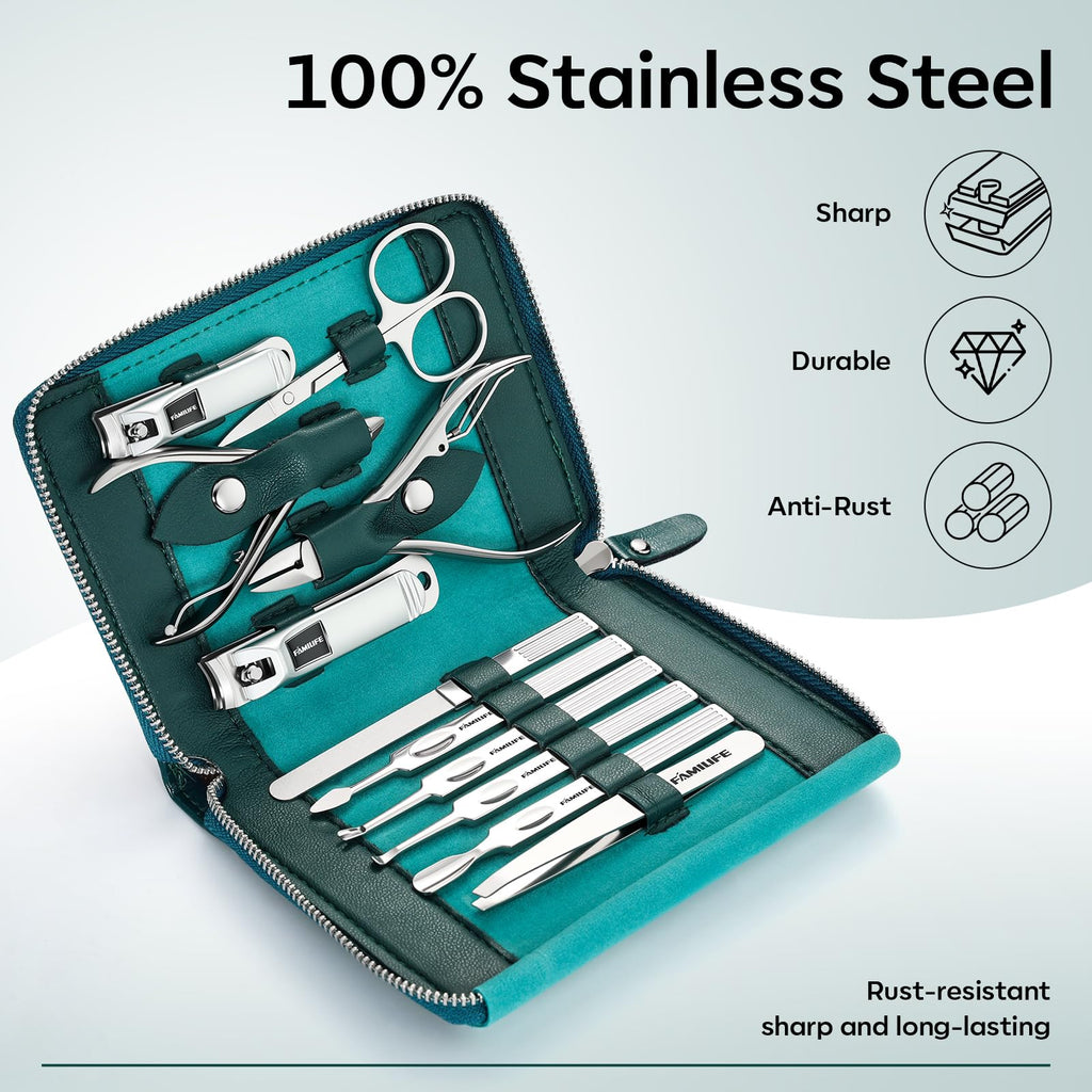 FAMILIFE Stainless Steel Manicure Set 11-in-1 Professional Nail Clipper Kit