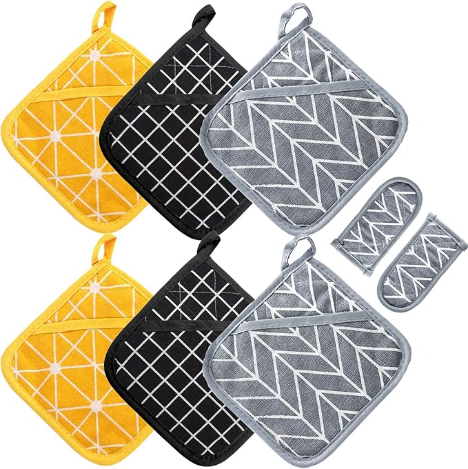 Win Change Heat Resistant Potholders Hot Pads-6 Kitchen Pot Holders Set with 2 Pan Hot Handle Holders Trivet for Cooking and Baking,with Recycled Infill Terrycloth Lining(Mixed,8 Piece)