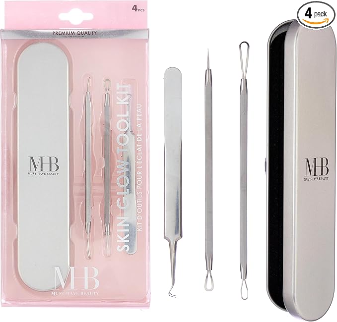 4pc Skin Glow Kit - Professional Blackhead Removal Stainless Steel Facial Instruments Storage Case Esthetician Acne Extractor Supply