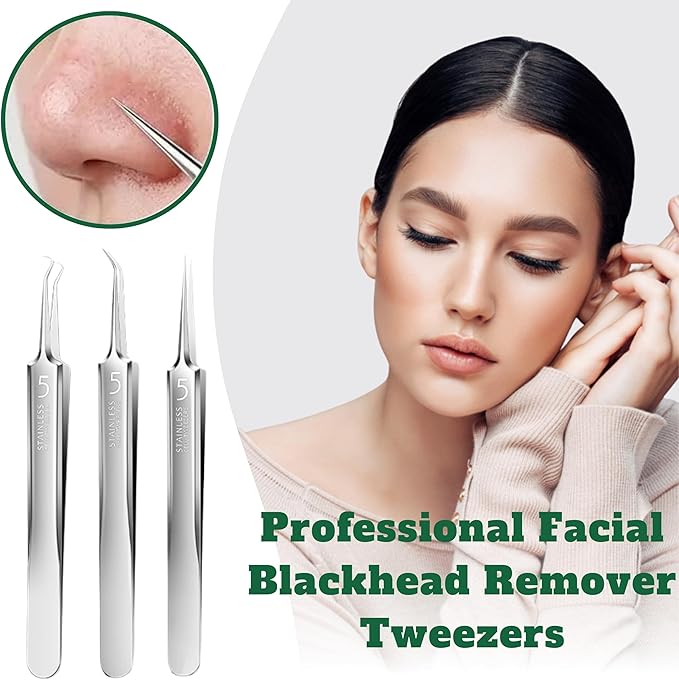 Usiveinborn Blackhead Remover Upgraded, Usiveinborn Blackhead Tweezers, Professional Upgraded Facial Blackhead Remover Tweezers, Blackhead Remover Tools Sets (A1-Silver-4pcs)