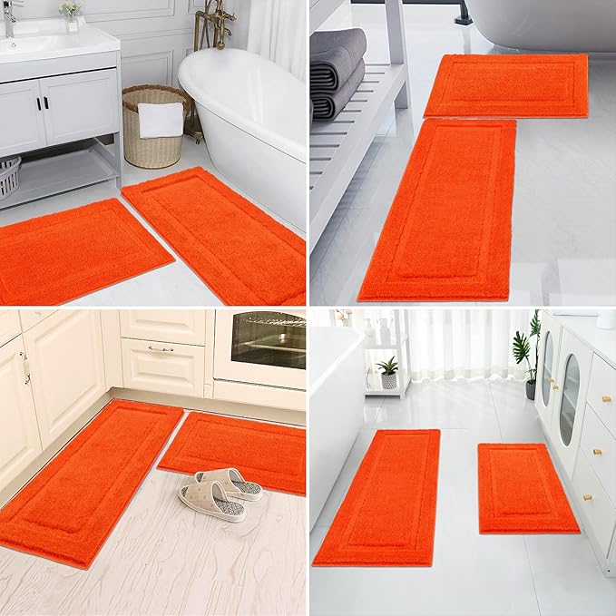 SHACOS Super Soft Bathroom Runner Rugs Set of 2 Pieces 47x20 + 32x20 inch Non Slip Washable Bath Runner Bath Mats Plush Bath Rug Runners Absorbent Bathroom Carpet, Orange