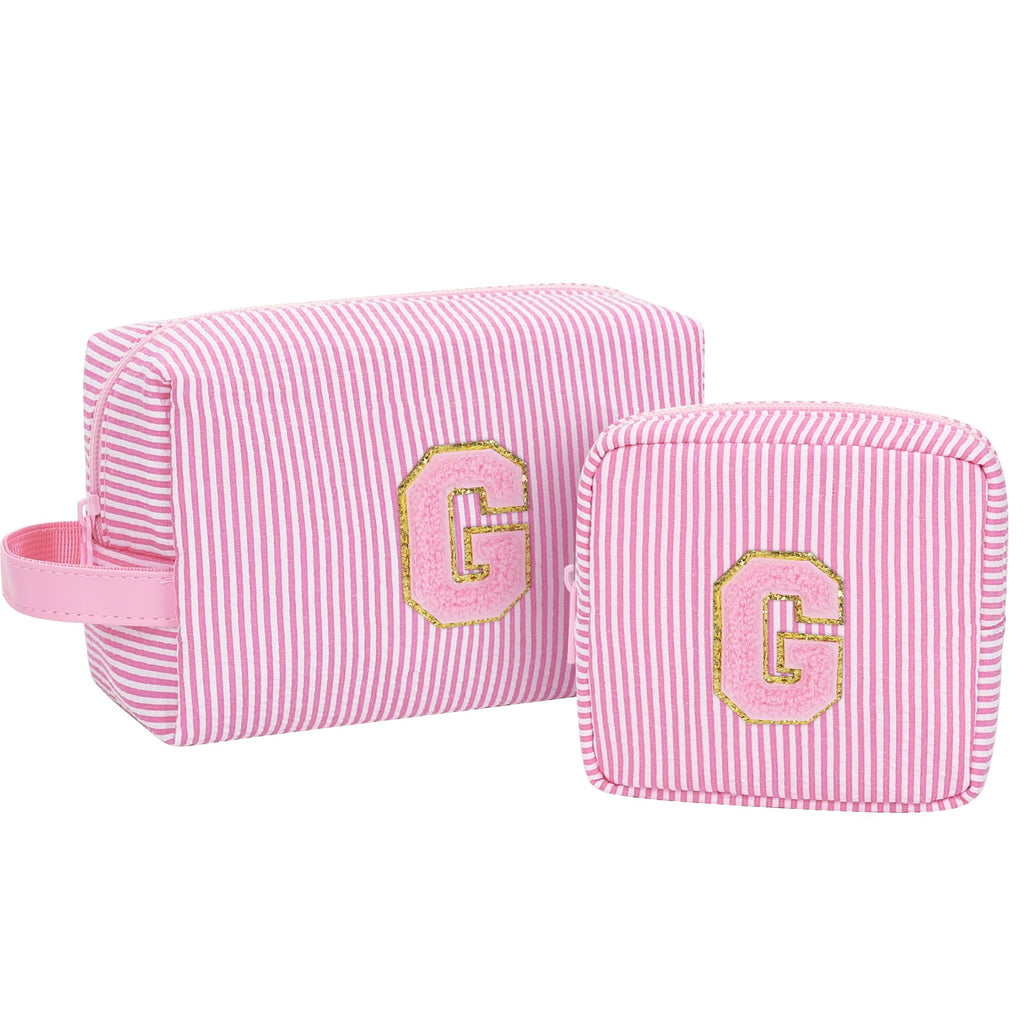 MONSTINA Personalized Initial Makeup Bag for Women,Make Up Case for Girlfriend Bridesmaid Wife,Birthday Gift for Her Cute Toiletry Bag,2PCS,Pink G