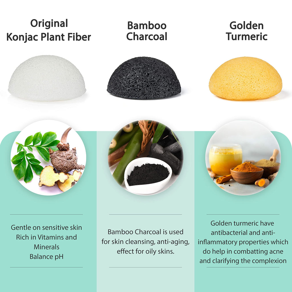 pureSOL Konjac Sponges - Activated Charcoal - Facial Sponge, 100% Natural Sponges, Eco-Friendly - Great for Acne, Exfoliating