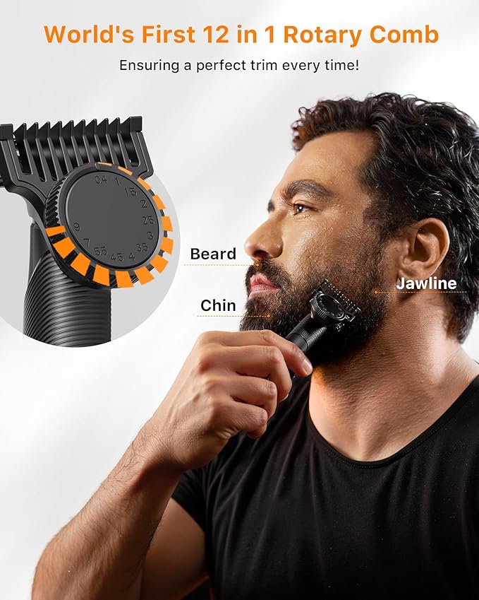 Trimcoo Men's Electic Beard Trimmer with 12-in-1 Rotating Combs - Professional Precision Styling,Magnetic Snap Blade, Wet/Dry Use, USB-C Fast Charge, Travel Friendly - Ideal for All Beard Styles