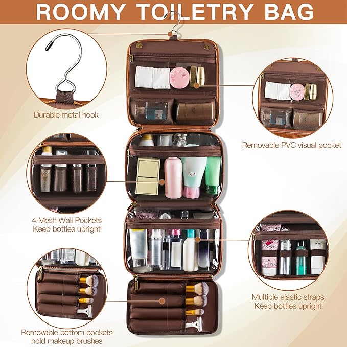 Elviros Hanging Travel Toiletry Bag Gift for Men，Mens Toiletries Bag Gifts Set Shaving Dopp Kit Water-resistant Bathroom Toiletries Organizer PU Leather Cosmetic Bags 2 Pack