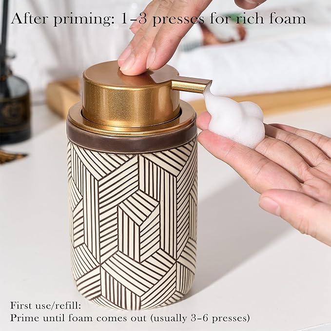 GIRLUFO Brown Foaming Soap Dispenser,Ceramic Foam Soap Dispenser for Bathroom&Kitchen,12oz Foam Dispenser with Plastic Gold Pump(Unique&Modern)