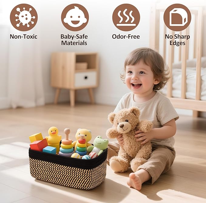 VIRETH HAUS 5-Pack Small Woven Rope Storage Baskets – 2 Sizes Organizer Bins for Closet, Shelf, Bookshelf, Nursery, Changing Table, Fabric Cube Boxes, Rectangular Shallow Bins for Bathroom, Toy & Home